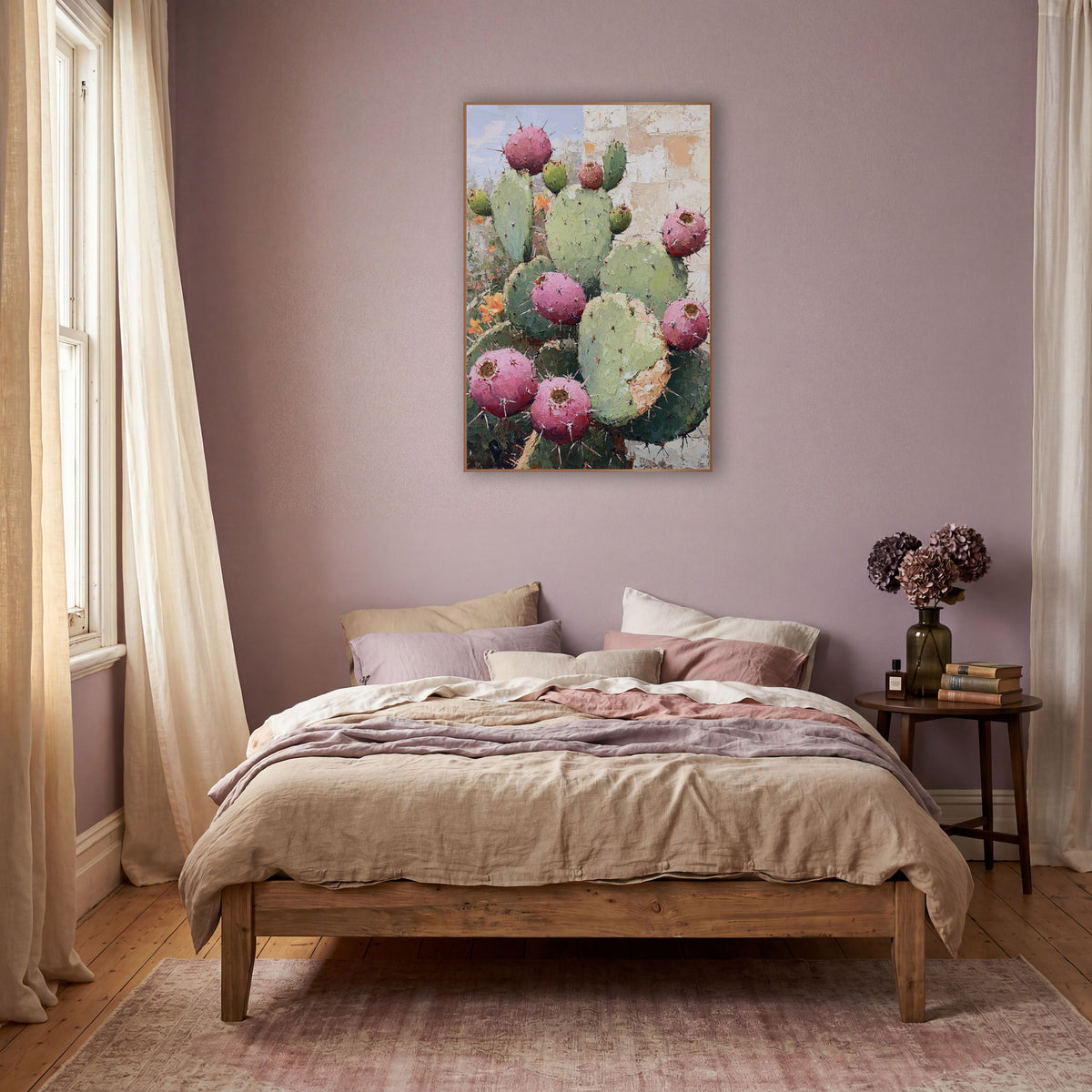 Pink Prickly Pear Boho Cactus wall art in a warm boho-style room – prickly pear cactus with round pink fruit and green