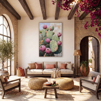 Pink Prickly Pear Boho Cactus wall art in a warm boho-style room – prickly pear cactus with round pink fruit and green