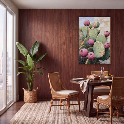 Pink Prickly Pear Boho Cactus wall art in a warm boho-style room – prickly pear cactus with round pink fruit and green