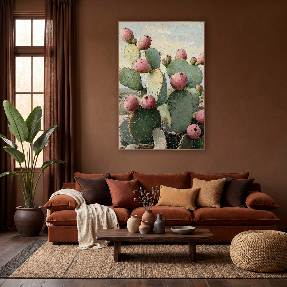 Crackled Sky Prickly Pear Prairie Painterly wall art in a warm boho-style room – prickly pear cactus with pink fruit