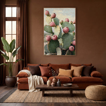 Crackled Sky Prickly Pear Prairie Painterly wall art in a warm boho-style room – prickly pear cactus with pink fruit