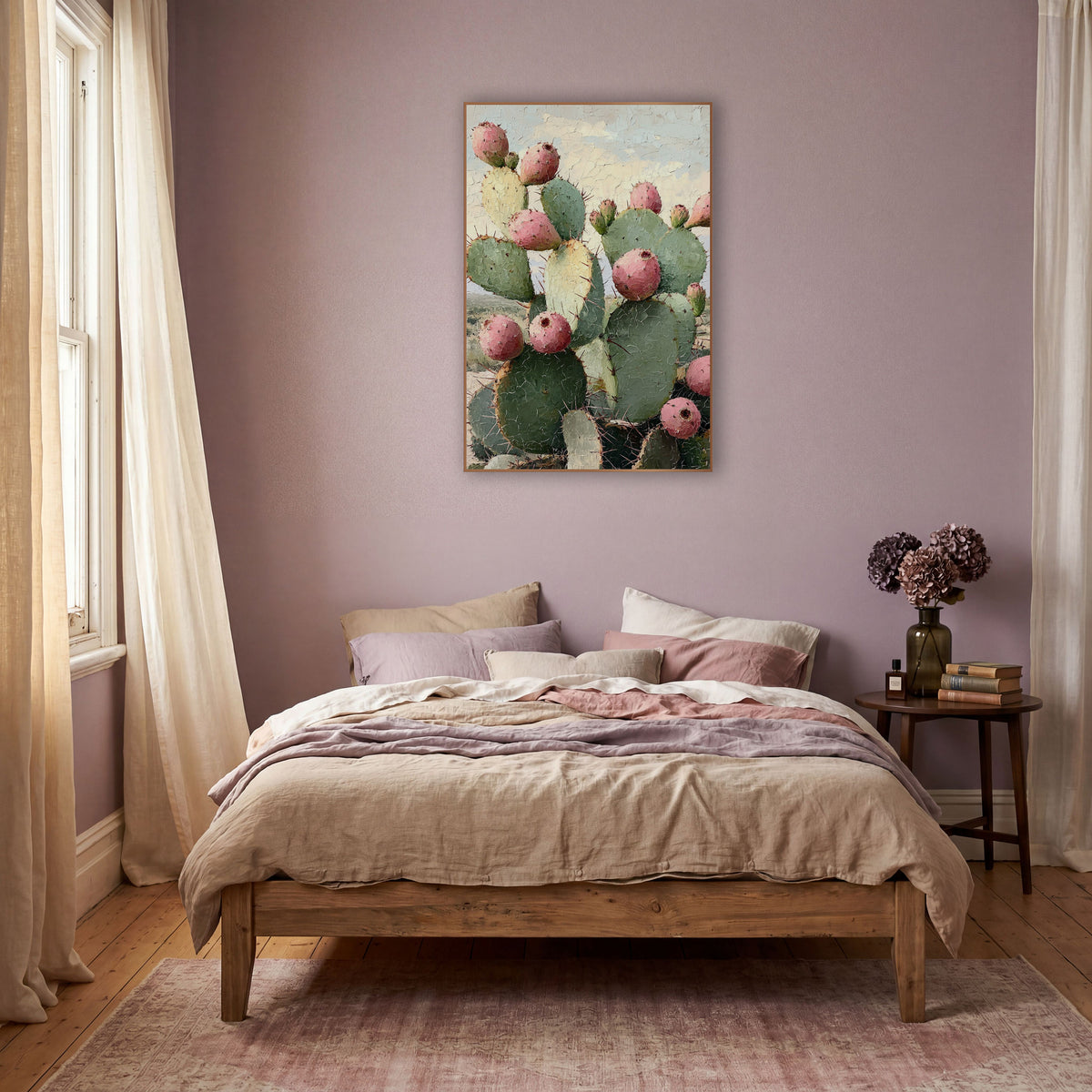 Crackled Sky Prickly Pear Prairie Painterly wall art in a warm boho-style room – prickly pear cactus with pink fruit