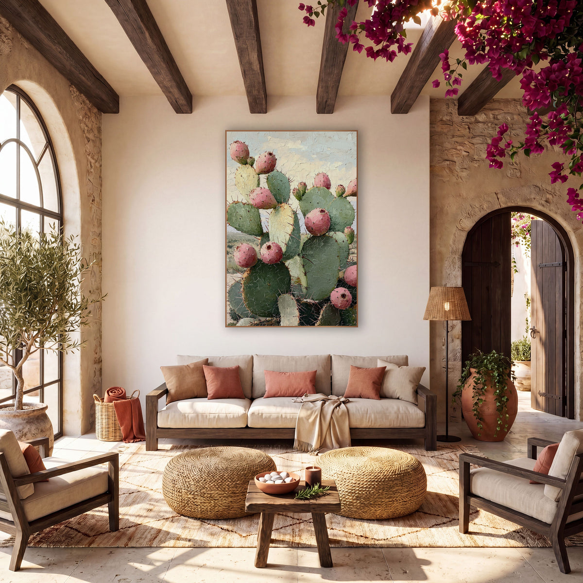Crackled Sky Prickly Pear Prairie Painterly wall art in a warm boho-style room – prickly pear cactus with pink fruit