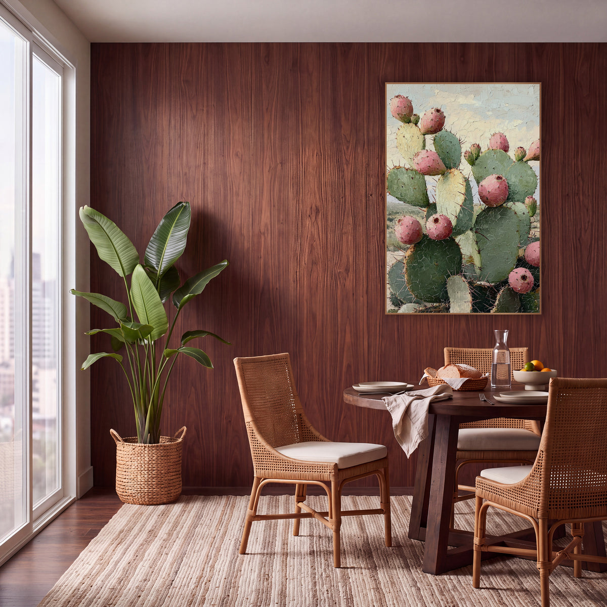 Crackled Sky Prickly Pear Prairie Painterly wall art in a warm boho-style room – prickly pear cactus with pink fruit