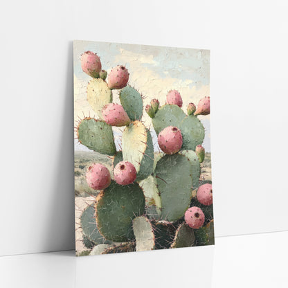 Crackled Sky Prickly Pear Prairie Painterly art print leaning against a white wall – prickly pear cactus with pink fruit