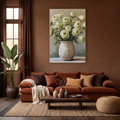 Airy Open Ranunculus Speckled Vase wall art in a warm boho-style room – cream and pale green ranunculus flowers