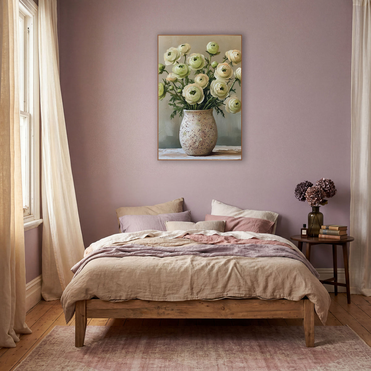 Airy Open Ranunculus Speckled Vase wall art in a warm boho-style room – cream and pale green ranunculus flowers