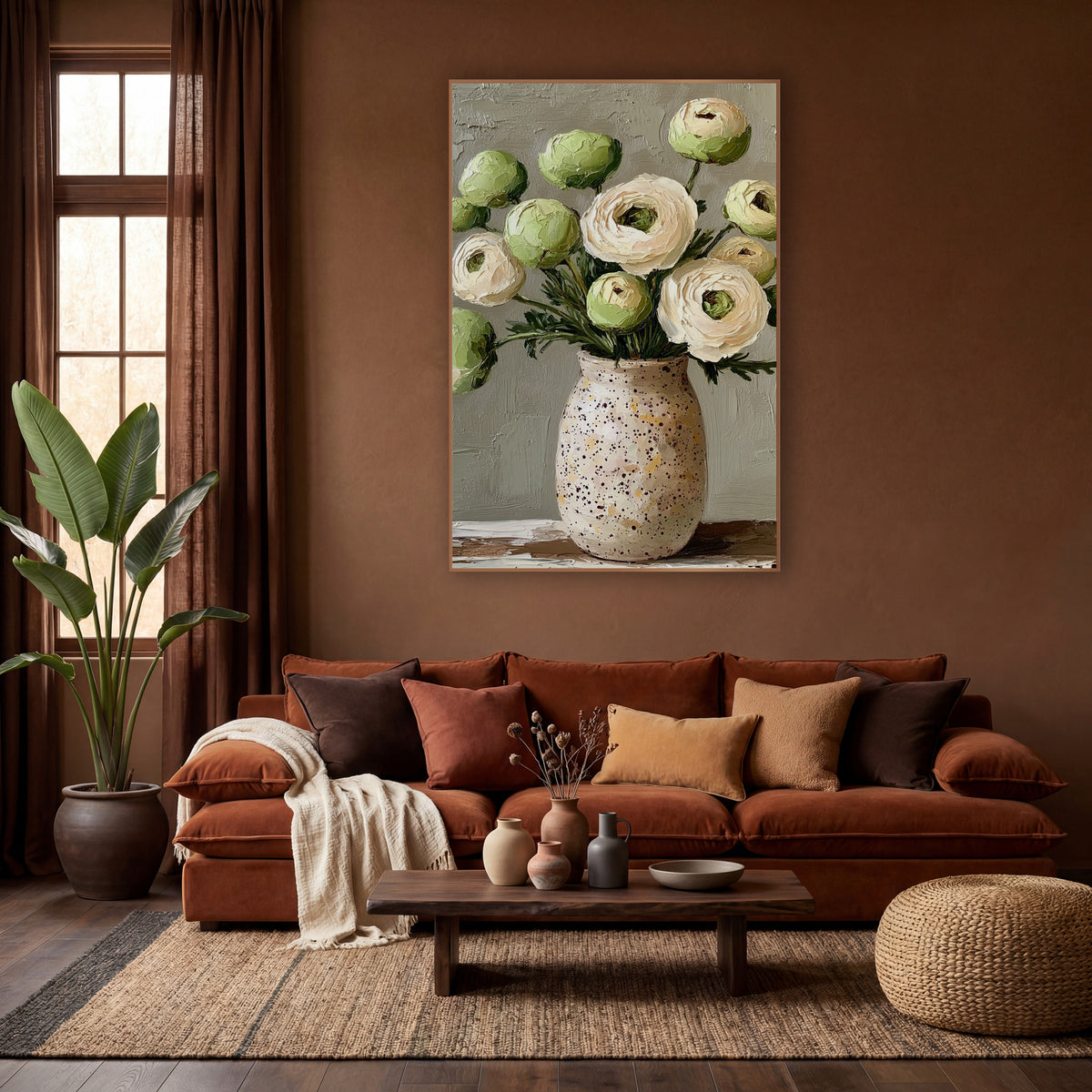 Cream Ranunculus Bouquet Boho wall art in a warm boho-style room – cream ranunculus and green buds in a speckled cream