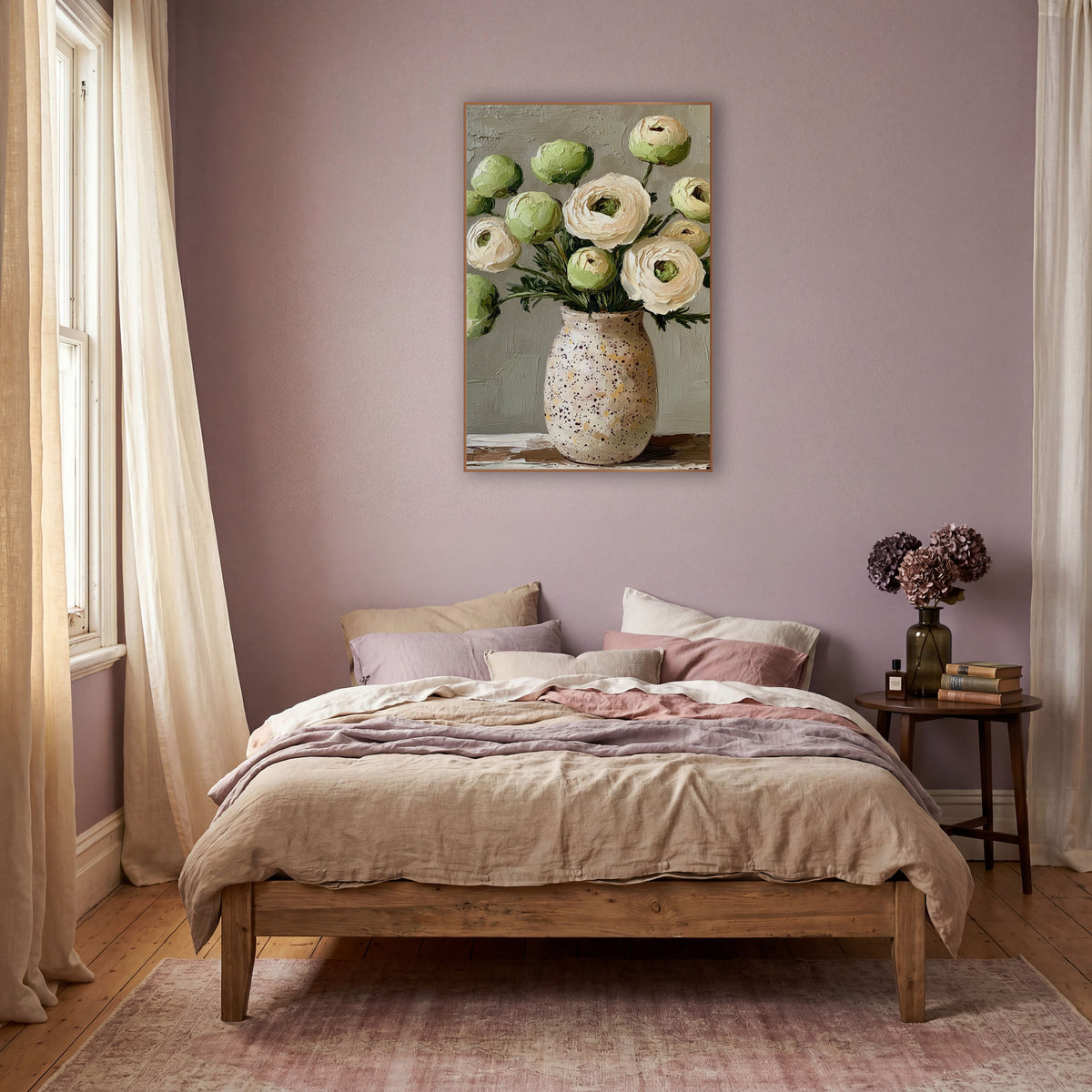 Cream Ranunculus Bouquet Boho wall art in a warm boho-style room – cream ranunculus and green buds in a speckled cream