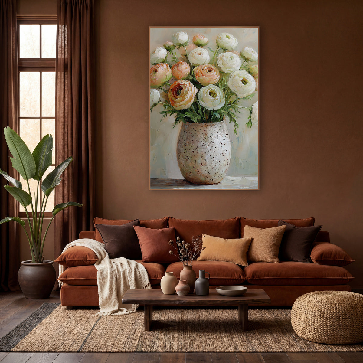 Blush Cream Ranunculus Cluster Painterly wall art in a warm boho-style room – cream and peach ranunculus flowers