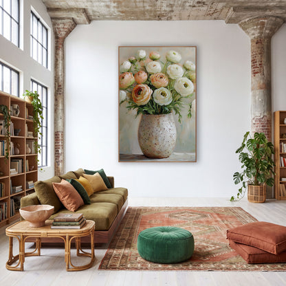 Blush Cream Ranunculus Cluster Painterly wall art in a warm boho-style room – cream and peach ranunculus flowers