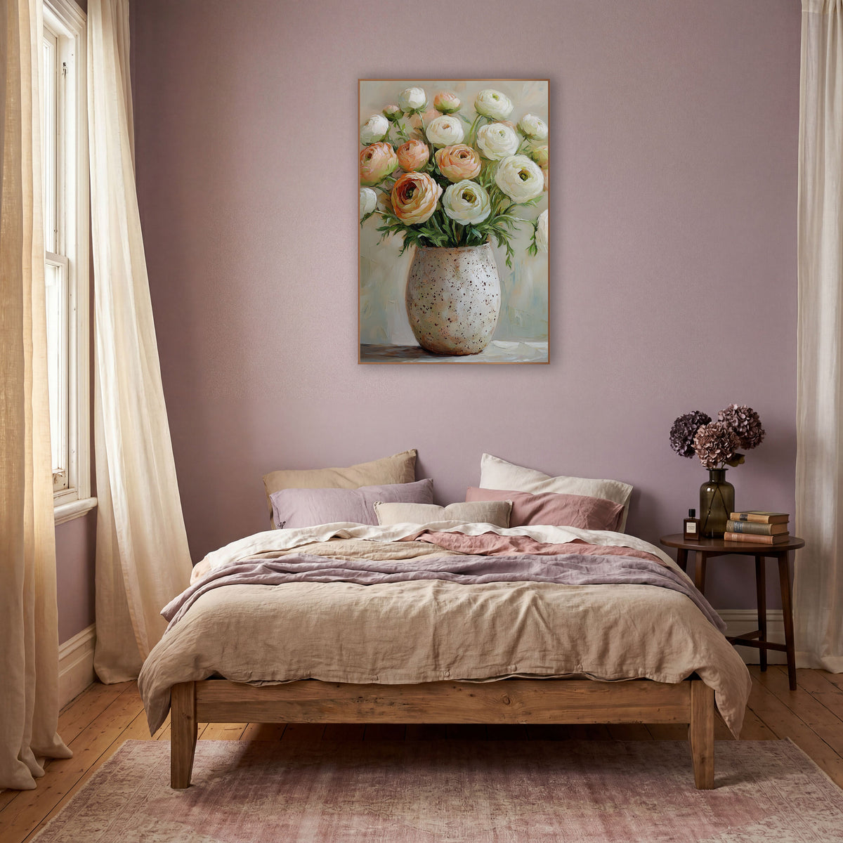 Blush Cream Ranunculus Cluster Painterly wall art in a warm boho-style room – cream and peach ranunculus flowers
