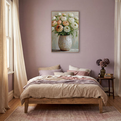 Blush Cream Ranunculus Cluster Painterly wall art in a warm boho-style room – cream and peach ranunculus flowers
