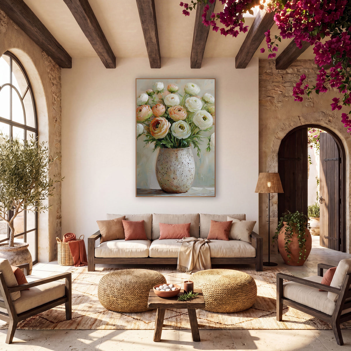 Blush Cream Ranunculus Cluster Painterly wall art in a warm boho-style room – cream and peach ranunculus flowers