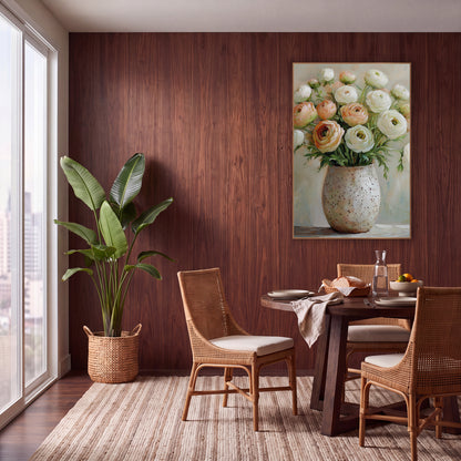 Blush Cream Ranunculus Cluster Painterly wall art in a warm boho-style room – cream and peach ranunculus flowers