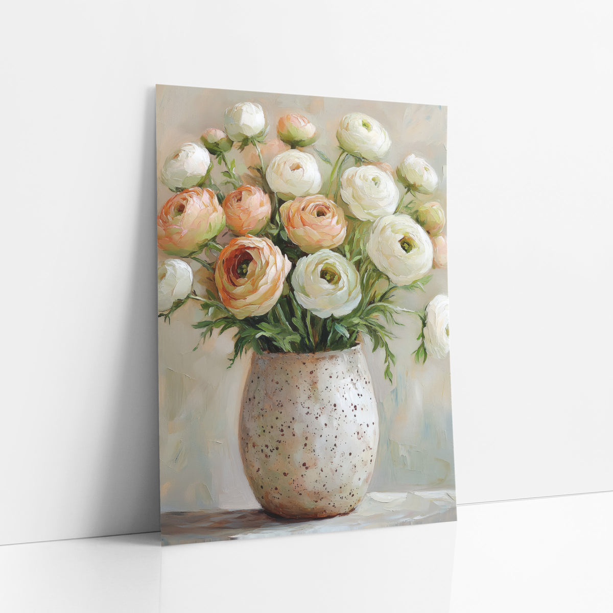 Blush Cream Ranunculus Cluster Painterly art print leaning against a white wall – cream and peach ranunculus flowers