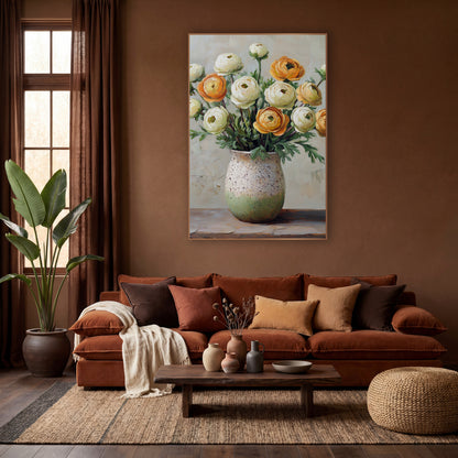 Orange Cream Ranunculus Boho Floral wall art in a warm boho-style room – cream and orange ranunculus with green leaves