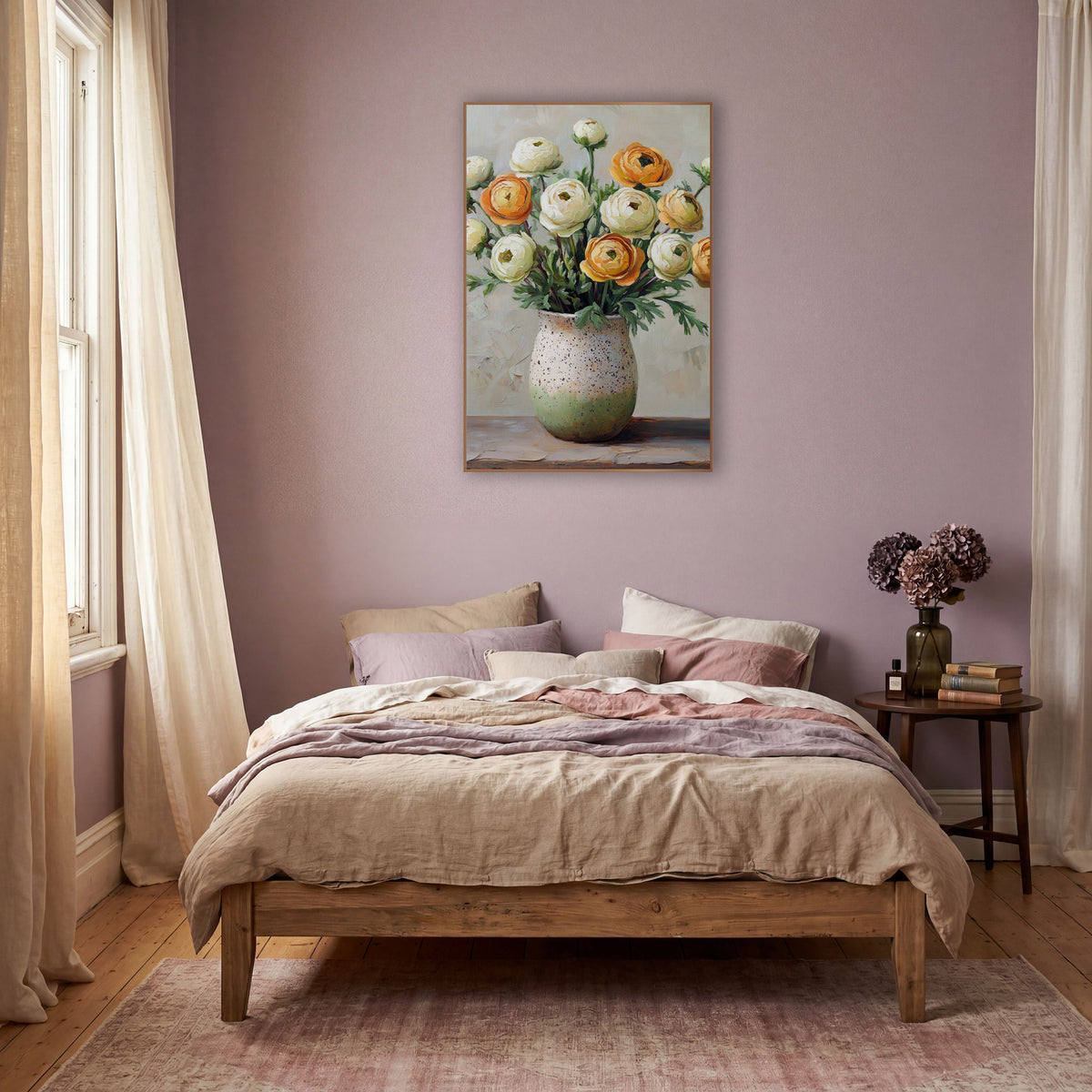 Orange Cream Ranunculus Boho Floral wall art in a warm boho-style room – cream and orange ranunculus with green leaves