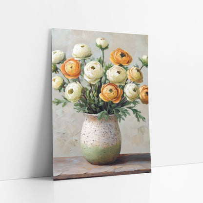 Orange Cream Ranunculus Boho Floral art print leaning against a white wall – cream and orange ranunculus with green leaves