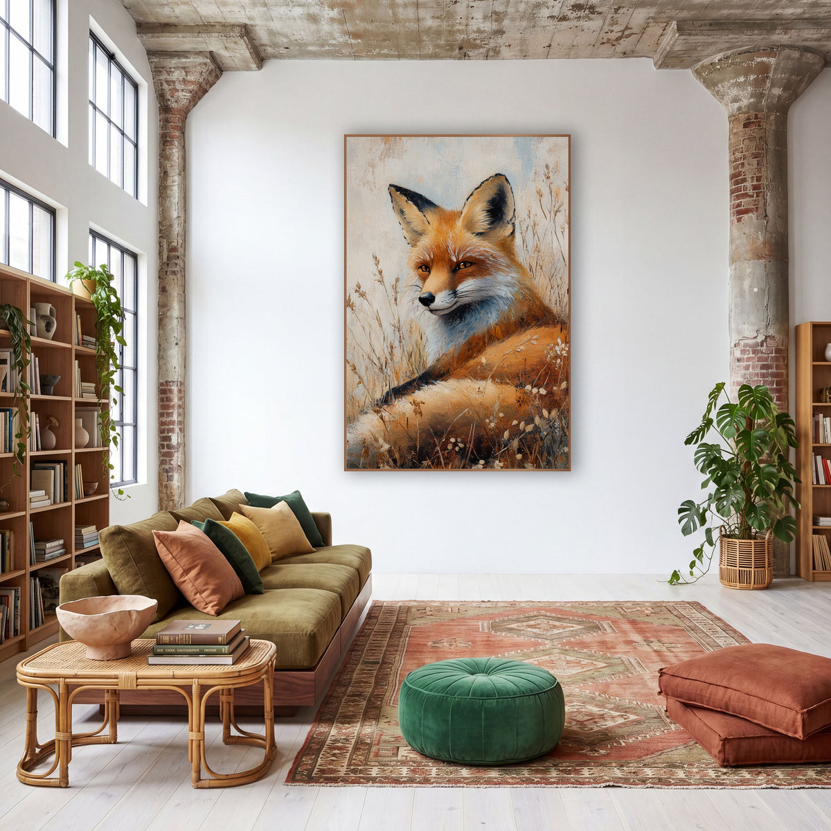 Fox Glancing Sideways Painterly Meadow wall art in a warm boho-style room – red fox resting in tall dry grass, head