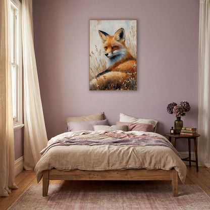 Fox Glancing Sideways Painterly Meadow wall art in a warm boho-style room – red fox resting in tall dry grass, head