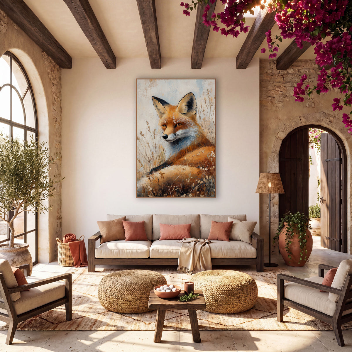 Fox Glancing Sideways Painterly Meadow wall art in a warm boho-style room – red fox resting in tall dry grass, head