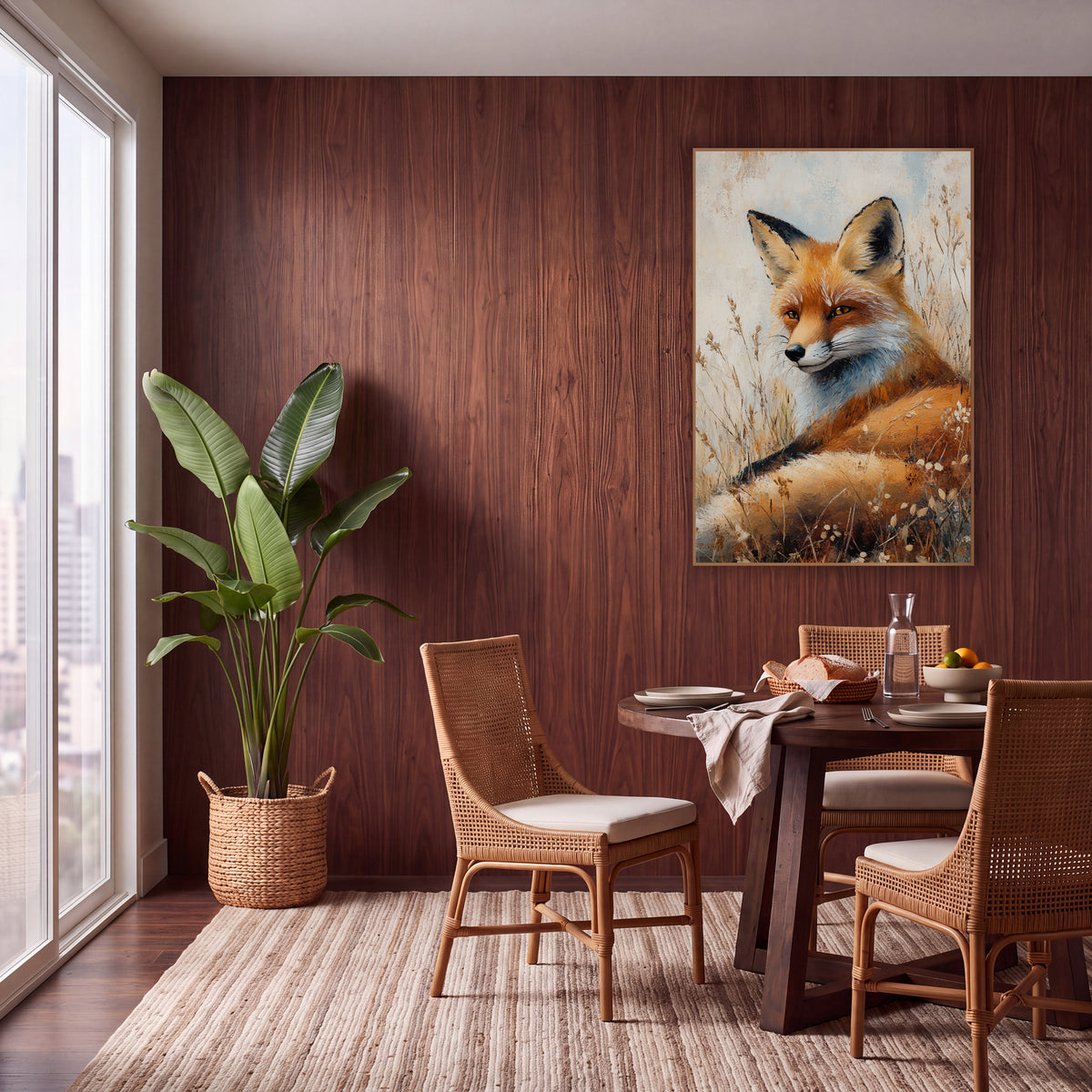 Fox Glancing Sideways Painterly Meadow wall art in a warm boho-style room – red fox resting in tall dry grass, head
