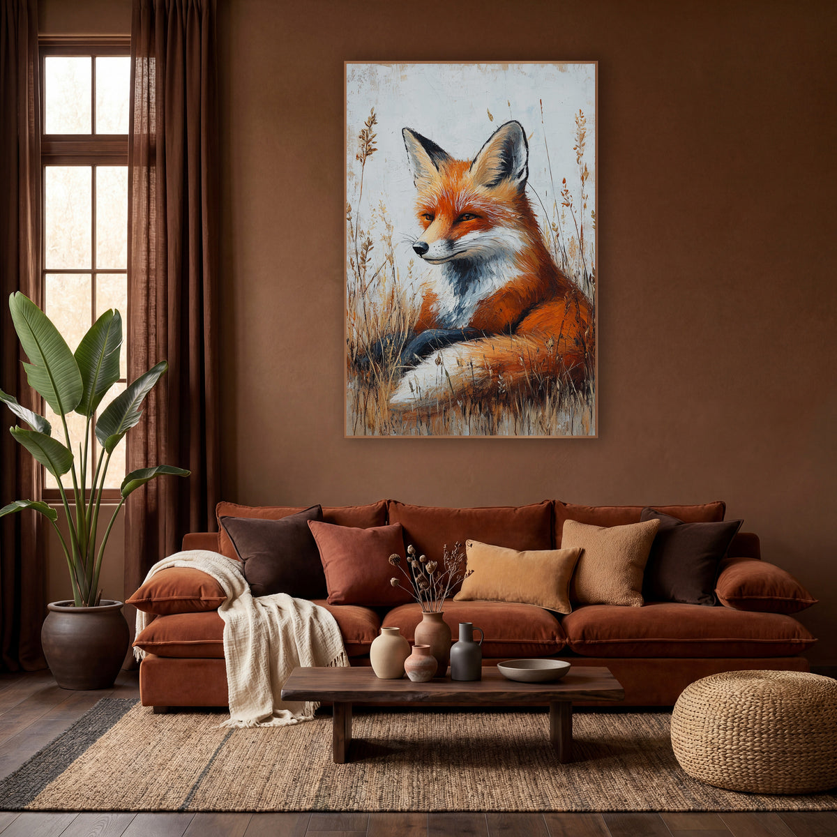 Resting Red Fox Meadow Boho wall art in a warm boho-style room – red fox with white chest resting in tall golden grass