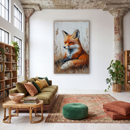 Resting Red Fox Meadow Boho wall art in a warm boho-style room – red fox with white chest resting in tall golden grass