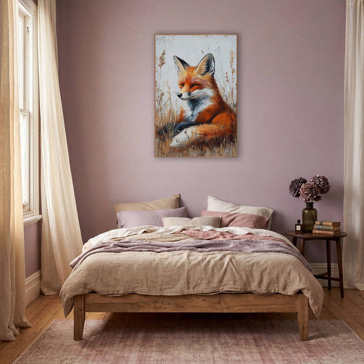 Resting Red Fox Meadow Boho wall art in a warm boho-style room – red fox with white chest resting in tall golden grass