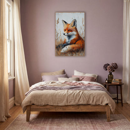 Resting Red Fox Meadow Boho wall art in a warm boho-style room – red fox with white chest resting in tall golden grass