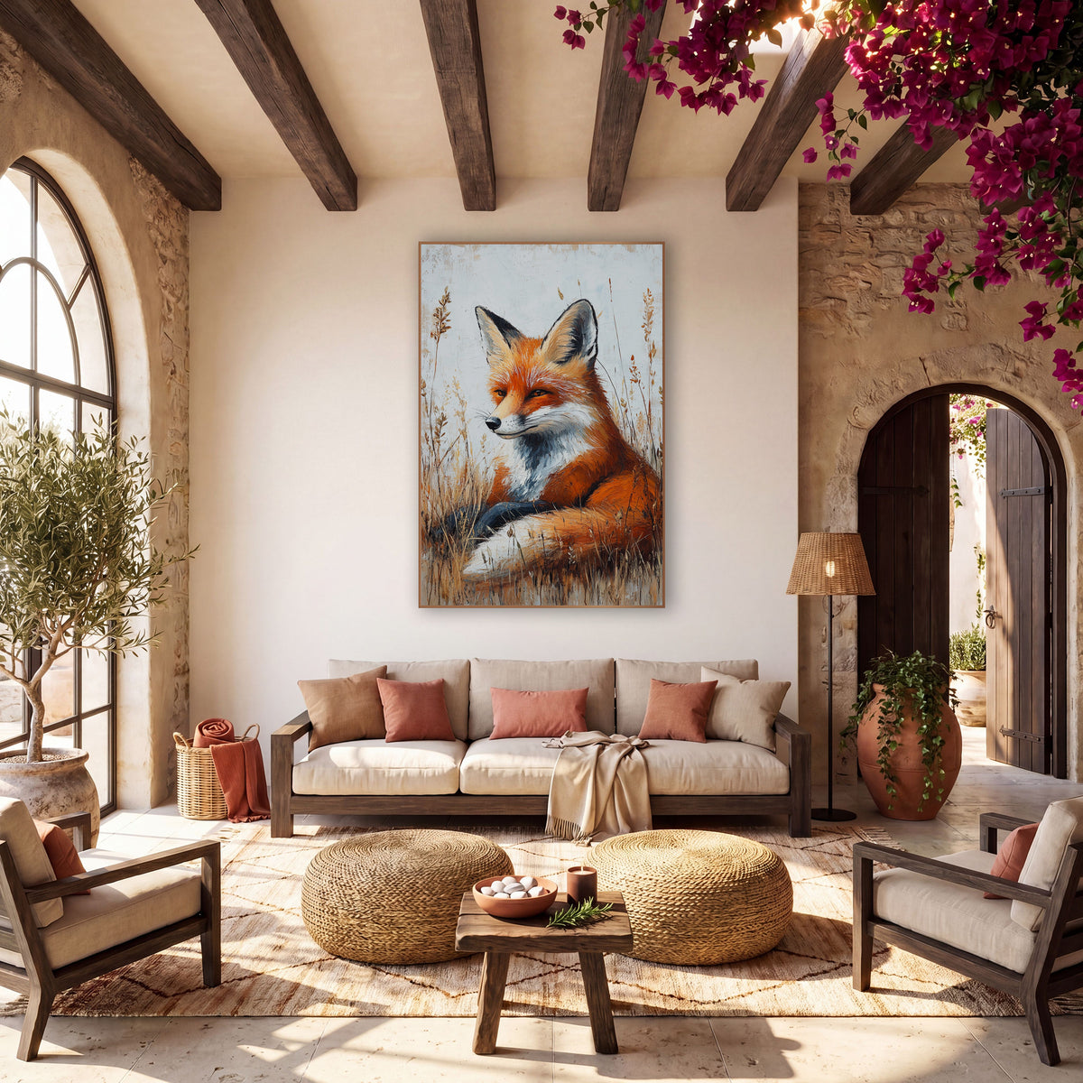 Resting Red Fox Meadow Boho wall art in a warm boho-style room – red fox with white chest resting in tall golden grass