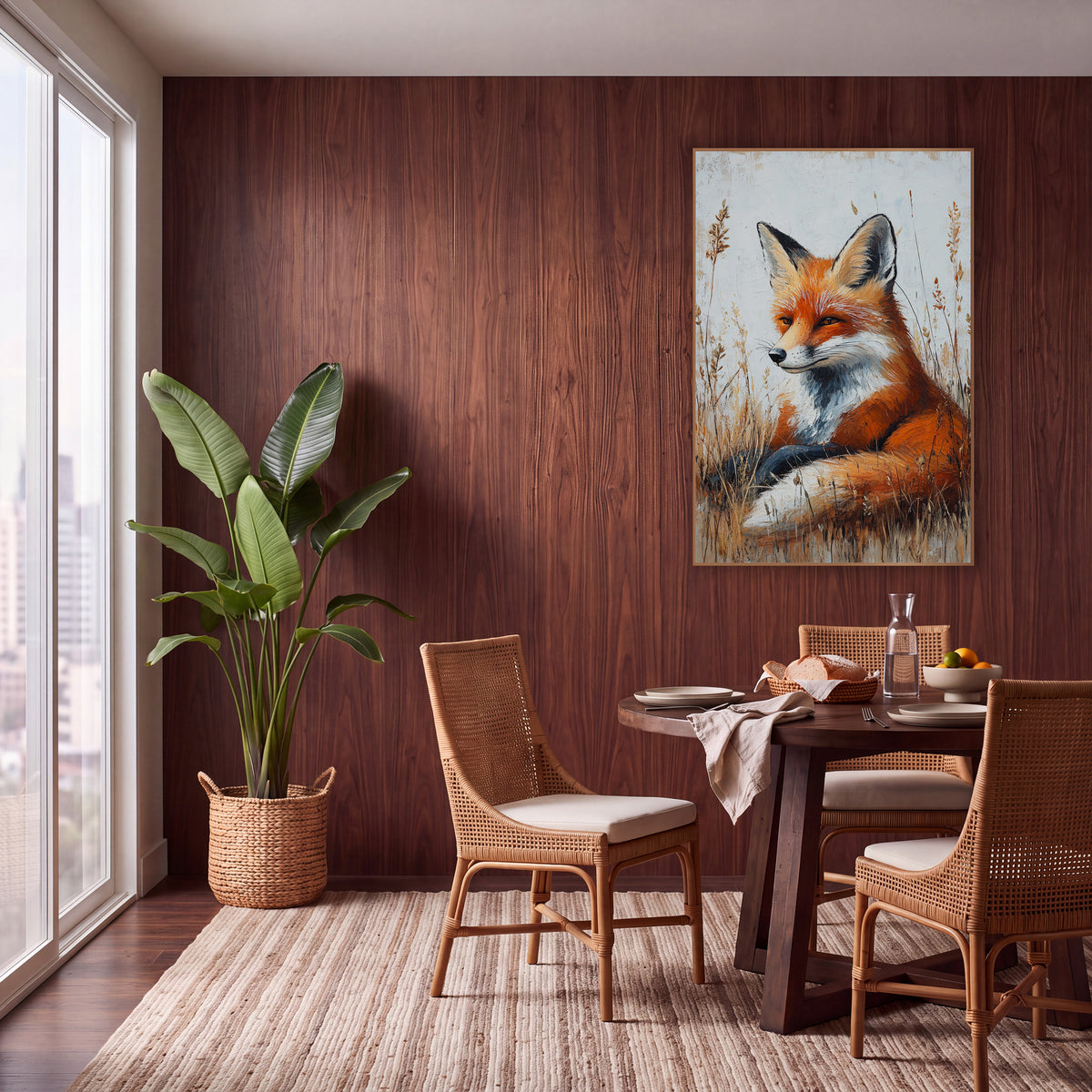 Resting Red Fox Meadow Boho wall art in a warm boho-style room – red fox with white chest resting in tall golden grass