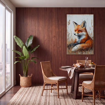 Resting Red Fox Meadow Boho wall art in a warm boho-style room – red fox with white chest resting in tall golden grass