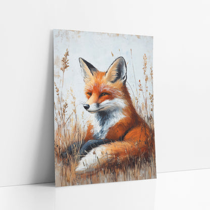 Resting Red Fox Meadow Boho art print leaning against a white wall – red fox with white chest resting in tall golden grass