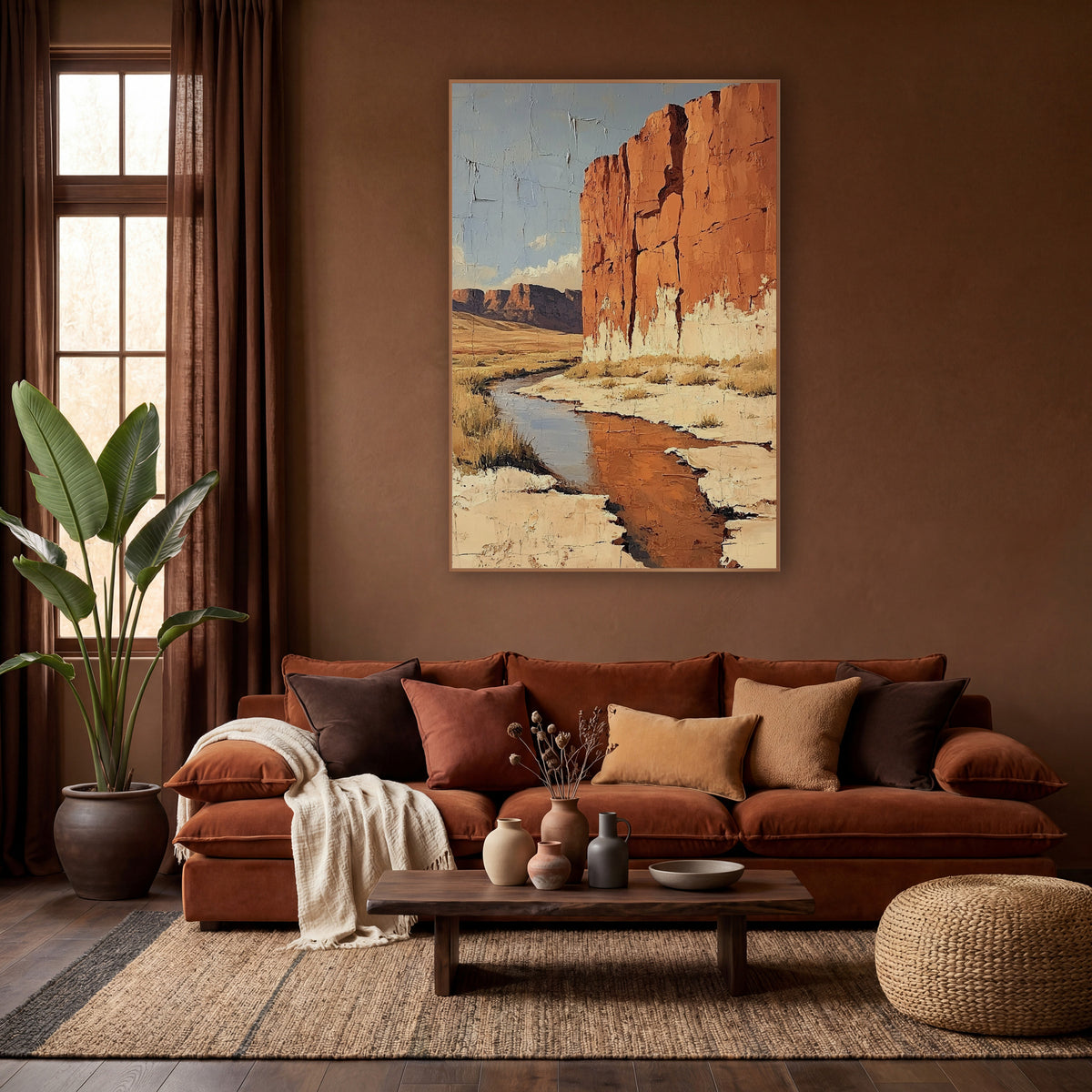 Sandstone Wall Creek Desert Boho wall art in a warm boho-style room – tall rust-orange cliff beside a winding desert