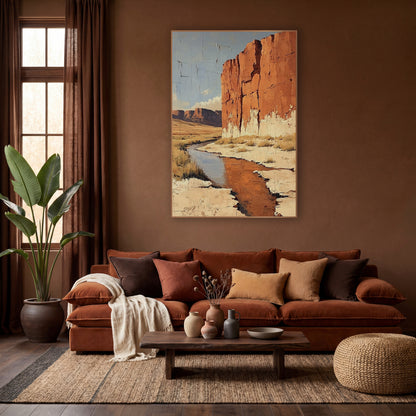 Sandstone Wall Creek Desert Boho wall art in a warm boho-style room – tall rust-orange cliff beside a winding desert