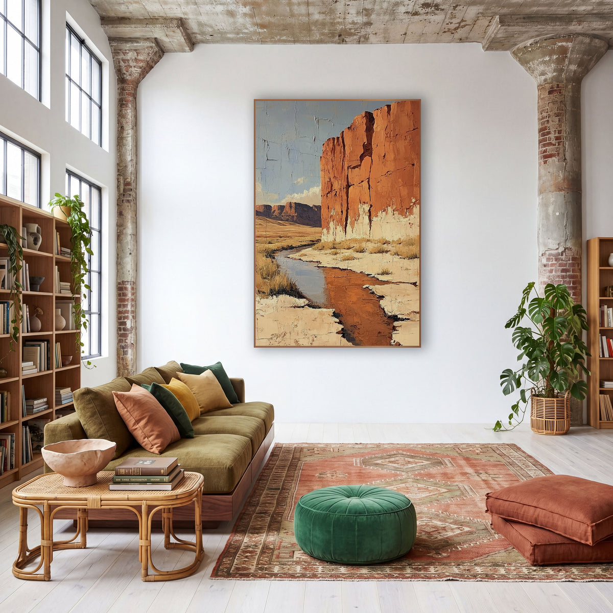 Sandstone Wall Creek Desert Boho wall art in a warm boho-style room – tall rust-orange cliff beside a winding desert