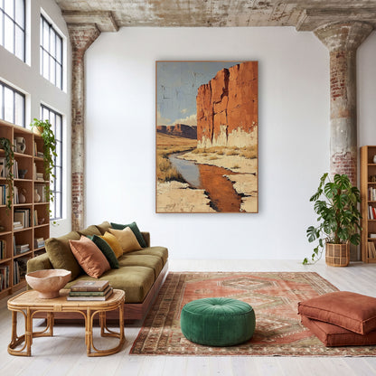 Sandstone Wall Creek Desert Boho wall art in a warm boho-style room – tall rust-orange cliff beside a winding desert
