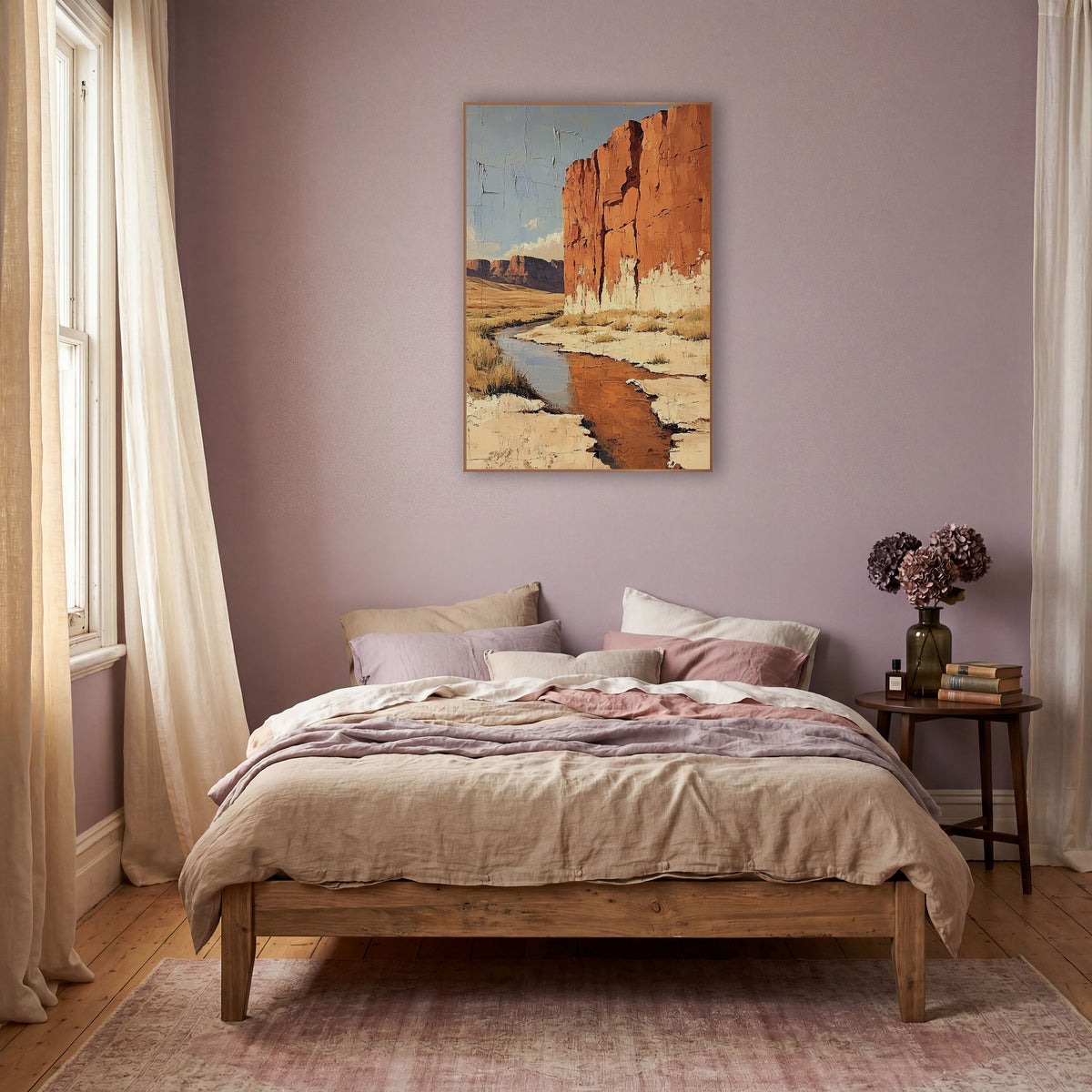 Sandstone Wall Creek Desert Boho wall art in a warm boho-style room – tall rust-orange cliff beside a winding desert
