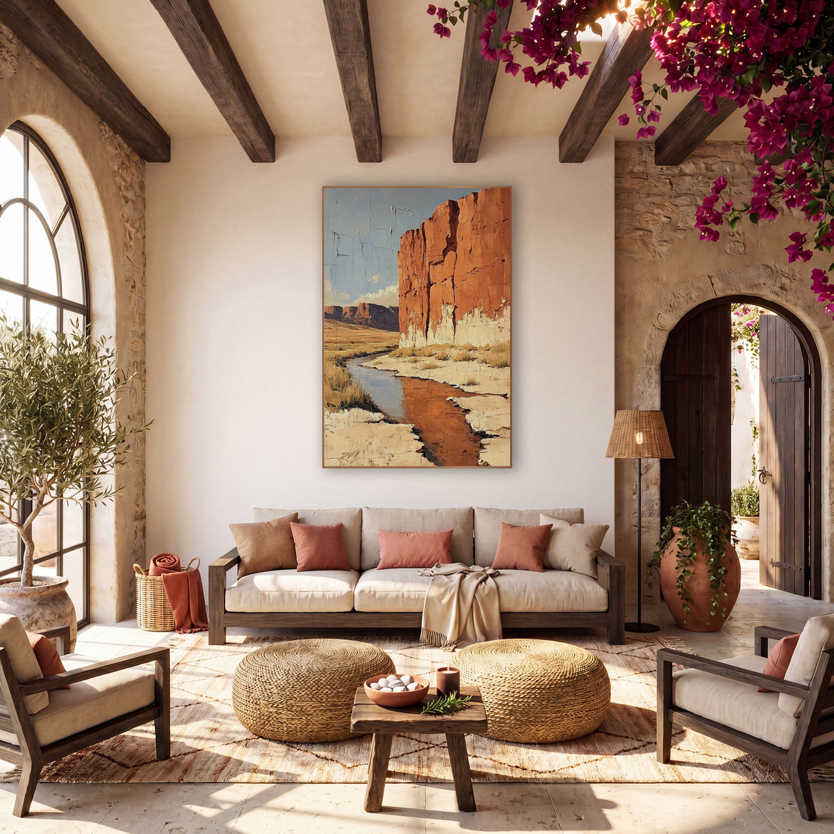 Sandstone Wall Creek Desert Boho wall art in a warm boho-style room – tall rust-orange cliff beside a winding desert