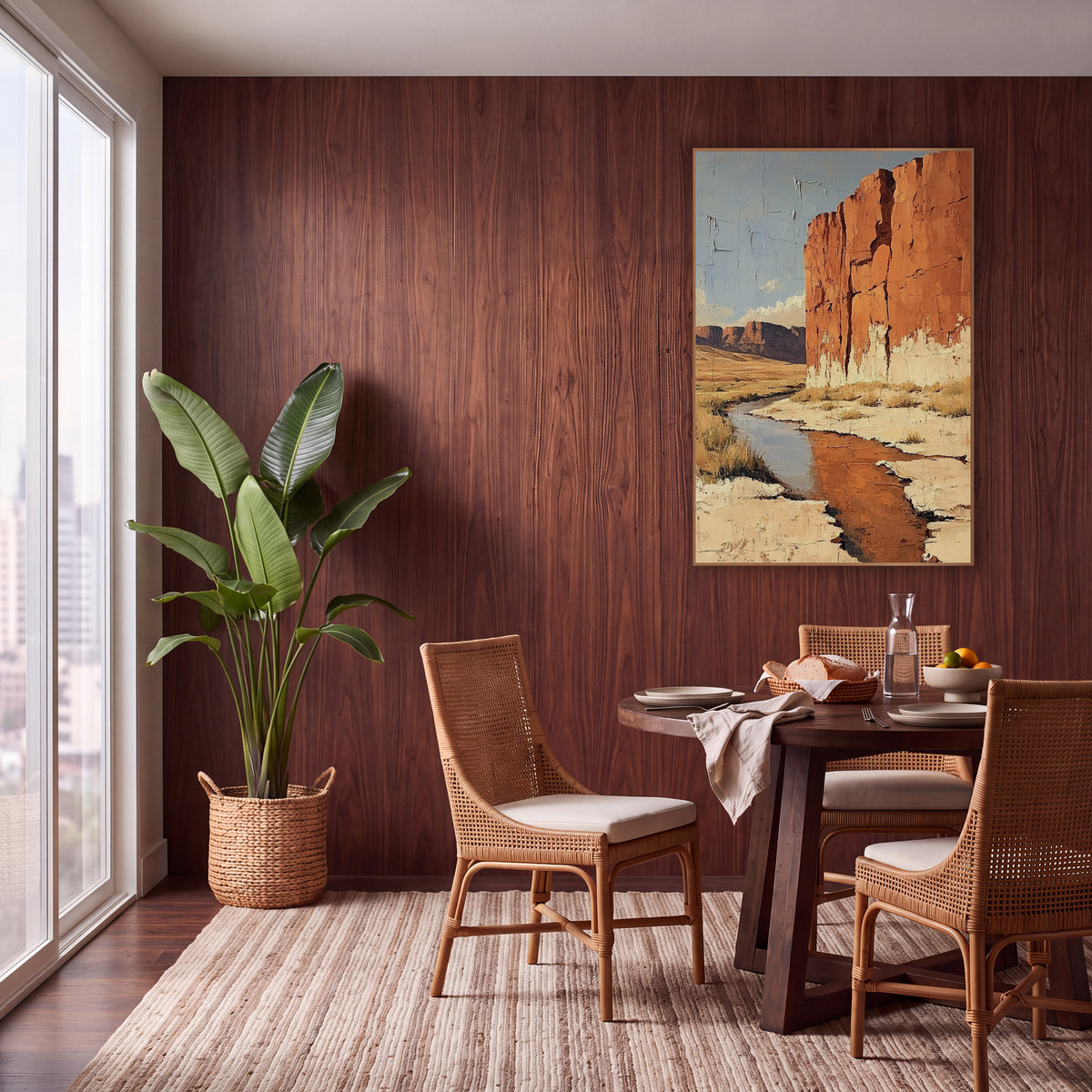 Sandstone Wall Creek Desert Boho wall art in a warm boho-style room – tall rust-orange cliff beside a winding desert