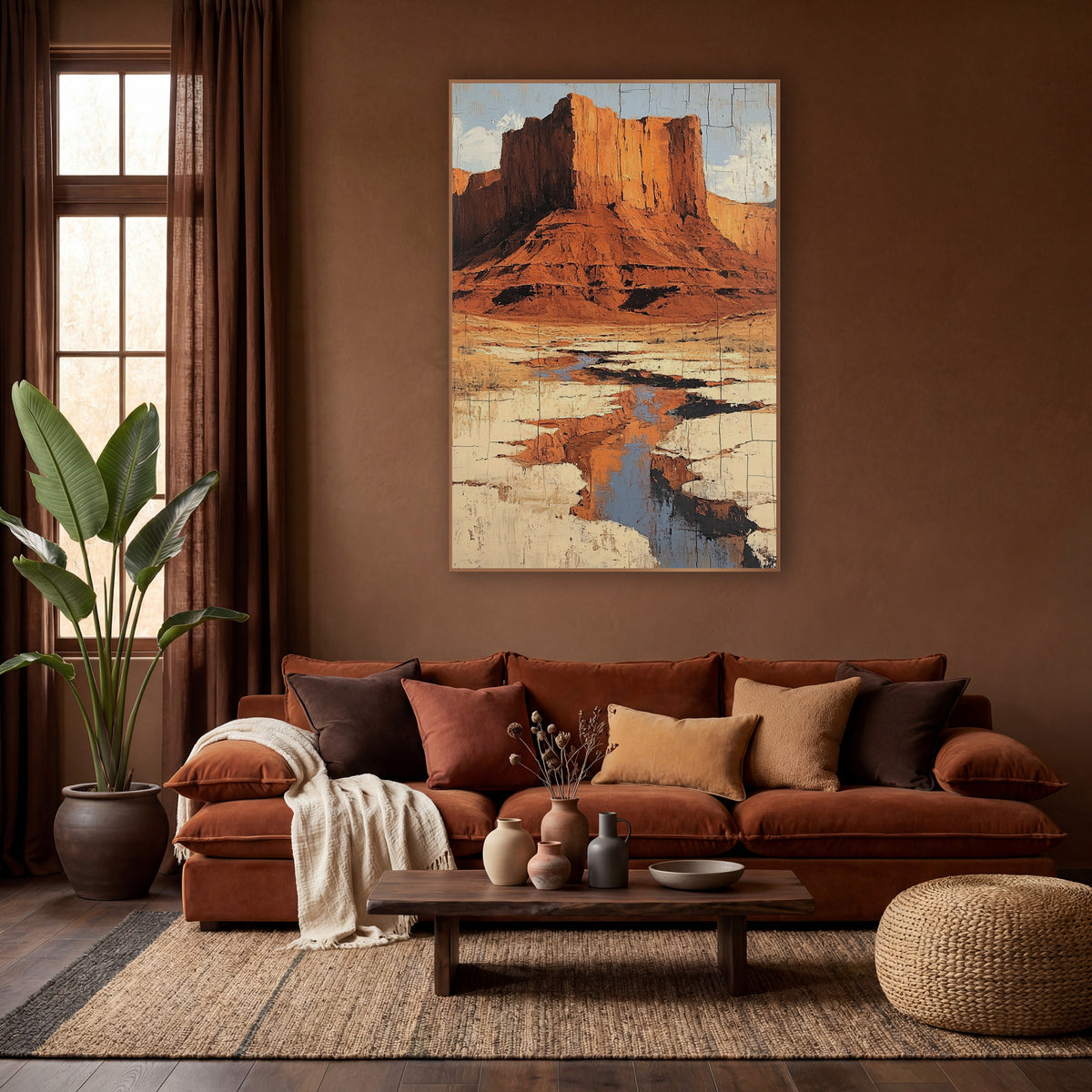 Red Rock Mesa Desert Boho wall art in a warm boho-style room – rust red flat-topped mesa above a cream dry riverbed