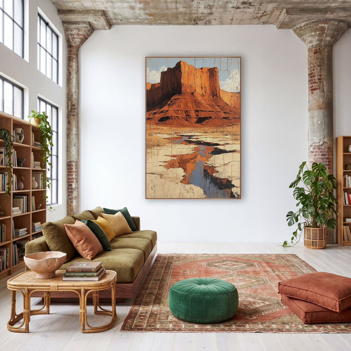 Red Rock Mesa Desert Boho wall art in a warm boho-style room – rust red flat-topped mesa above a cream dry riverbed