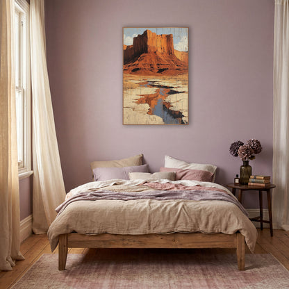 Red Rock Mesa Desert Boho wall art in a warm boho-style room – rust red flat-topped mesa above a cream dry riverbed