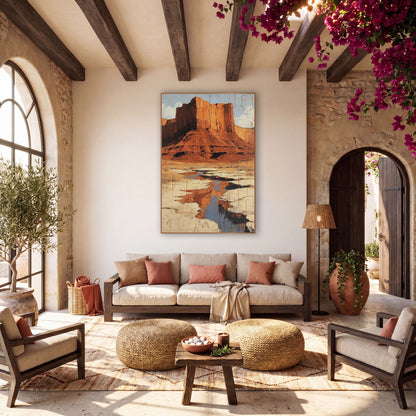 Red Rock Mesa Desert Boho wall art in a warm boho-style room – rust red flat-topped mesa above a cream dry riverbed