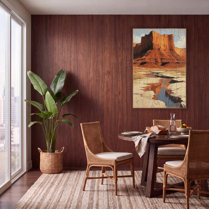 Red Rock Mesa Desert Boho wall art in a warm boho-style room – rust red flat-topped mesa above a cream dry riverbed