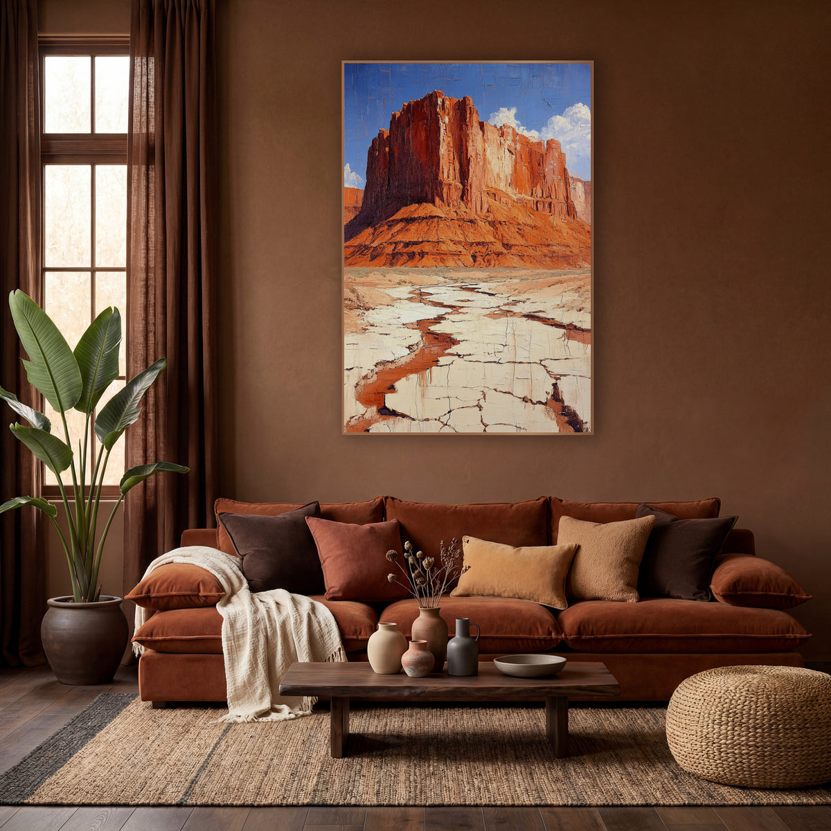 Cobalt Sky Butte Cracked Earth Painterly wall art in a warm boho-style room – red rock mesa with layered cliffs above
