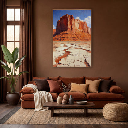 Cobalt Sky Butte Cracked Earth Painterly wall art in a warm boho-style room – red rock mesa with layered cliffs above
