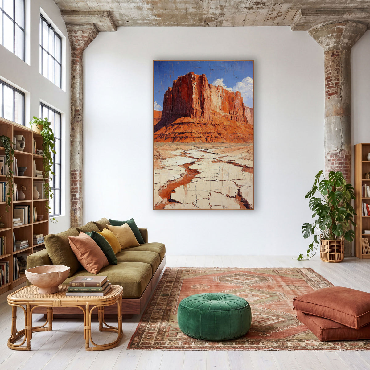 Cobalt Sky Butte Cracked Earth Painterly wall art in a warm boho-style room – red rock mesa with layered cliffs above